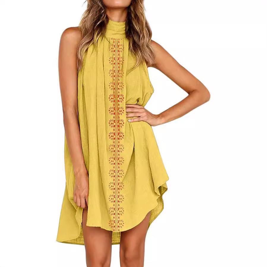 European and american cross-border women's fashion  autumn new sleeveless halter neck printed pleated asymmetrical elegant dress