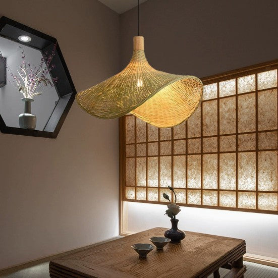 Cross-border Bamboo Chandelier New Chinese Tea Room Rattan Art South East Asia Japanese Lighting Straw Hat Light Tea House Antique Lampshade
