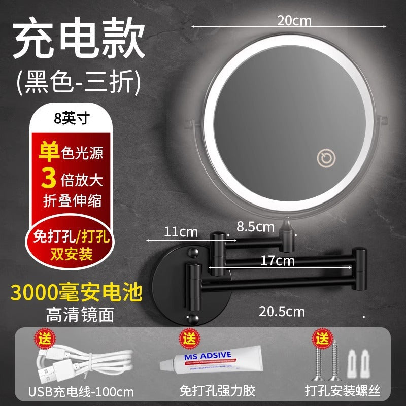 Toilet mirror folding non-punching hotel bathroom cosmetic mirror wall hanging telescopic double-sided LED beauty mirror with lamp