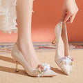Champagne floral wedding shoes women's stiletto heel 2025 new crystal high heels banquet bridal shoes