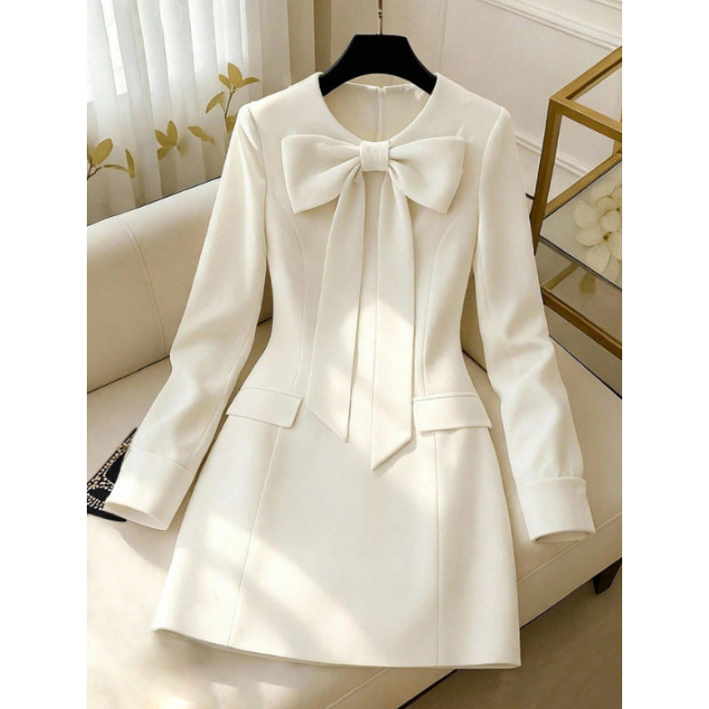 European and american style cross-border bowknot decorated round neck dress - women's elegant mid-length dress with a chanel-inspired aesthetic