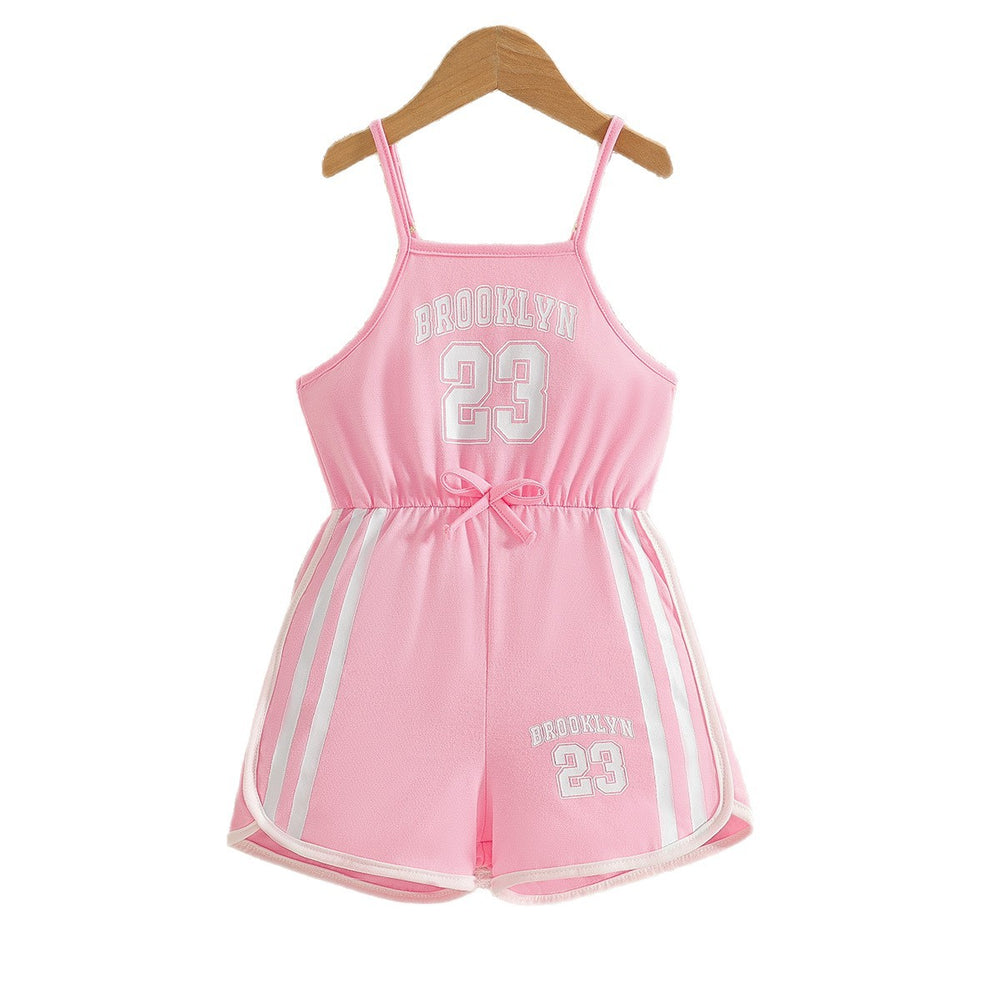 Girls' summer cami set: pink shorts romper with letter print and bow detail - sporty style for kids