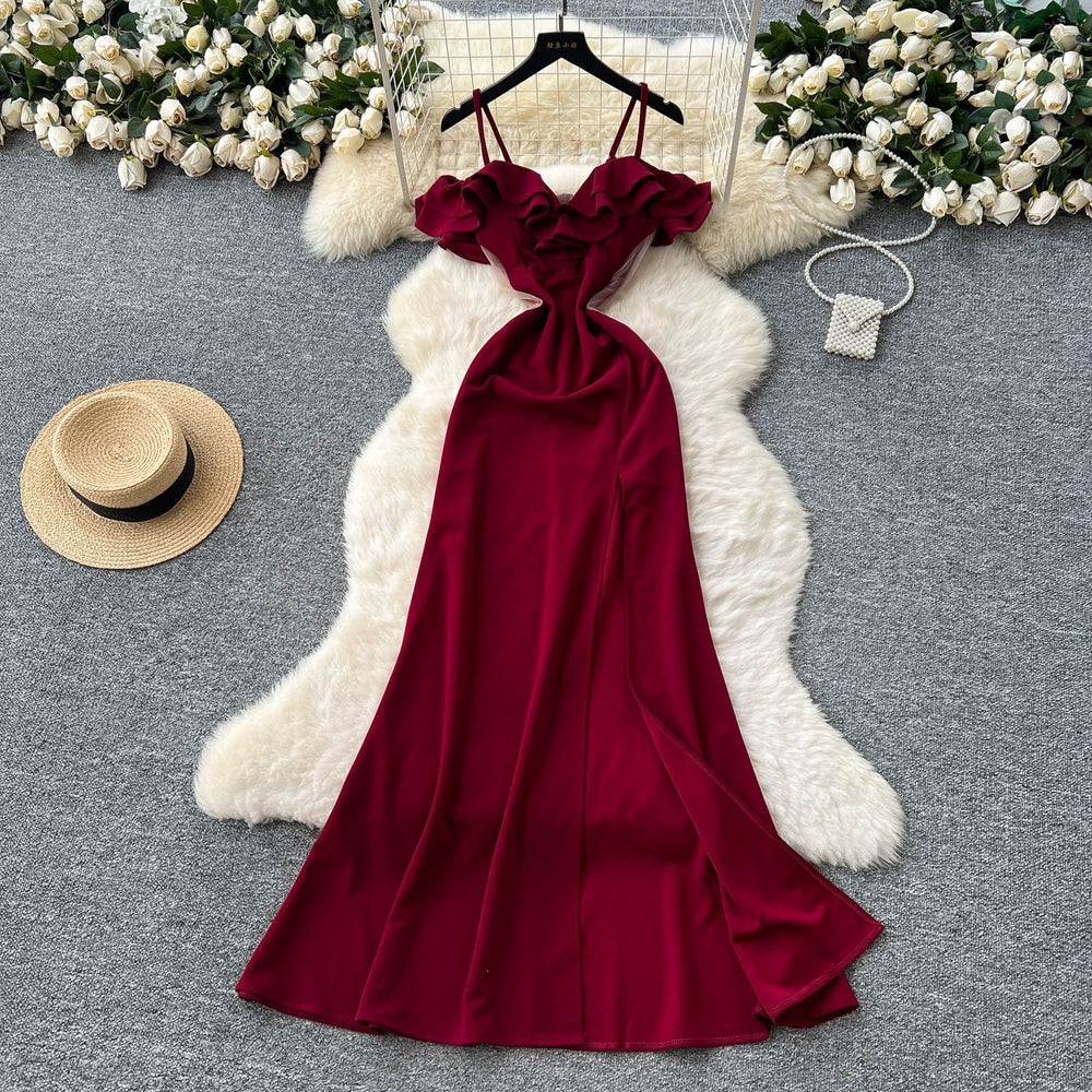 Luxury evening gown for women - french design, off-the-shoulder, spaghetti strap, mesh paneling, cinched waist, and slit dress