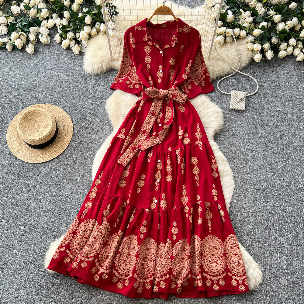 Korean style red printed embroidered dress - women's summer retro high-waisted tie-waist elegant a-line dress - commute outfit