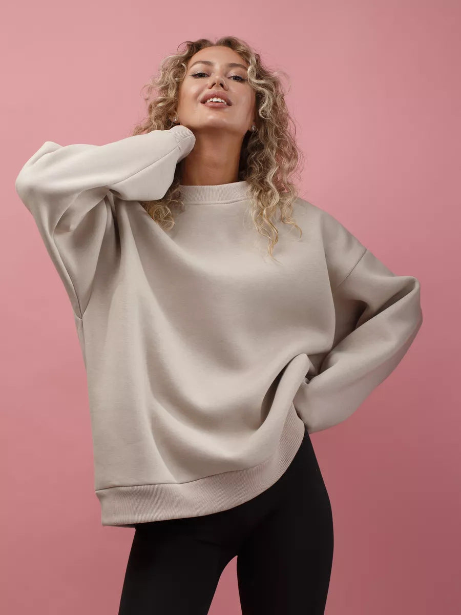 European and American  2024  spring and autumn new solid color round neck loose pullover sweater top women
