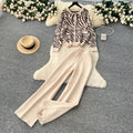 European style fashion set for women - autumn loose casual versatile crew neck long sleeve printed knit top & high waist wide leg pants