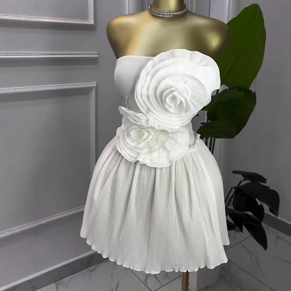 European and american women's clothing  summer new sweet and fresh large chest flower decoration tube top high waist a-line dress short skirt