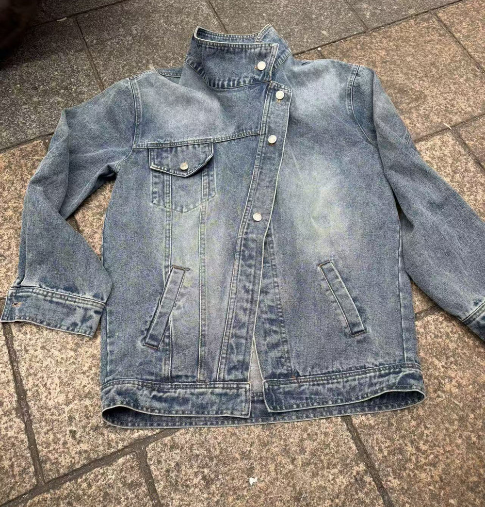 korean version of asymmetrical washed denim outwearlooseniche stylesense of designshort lapeltops for women