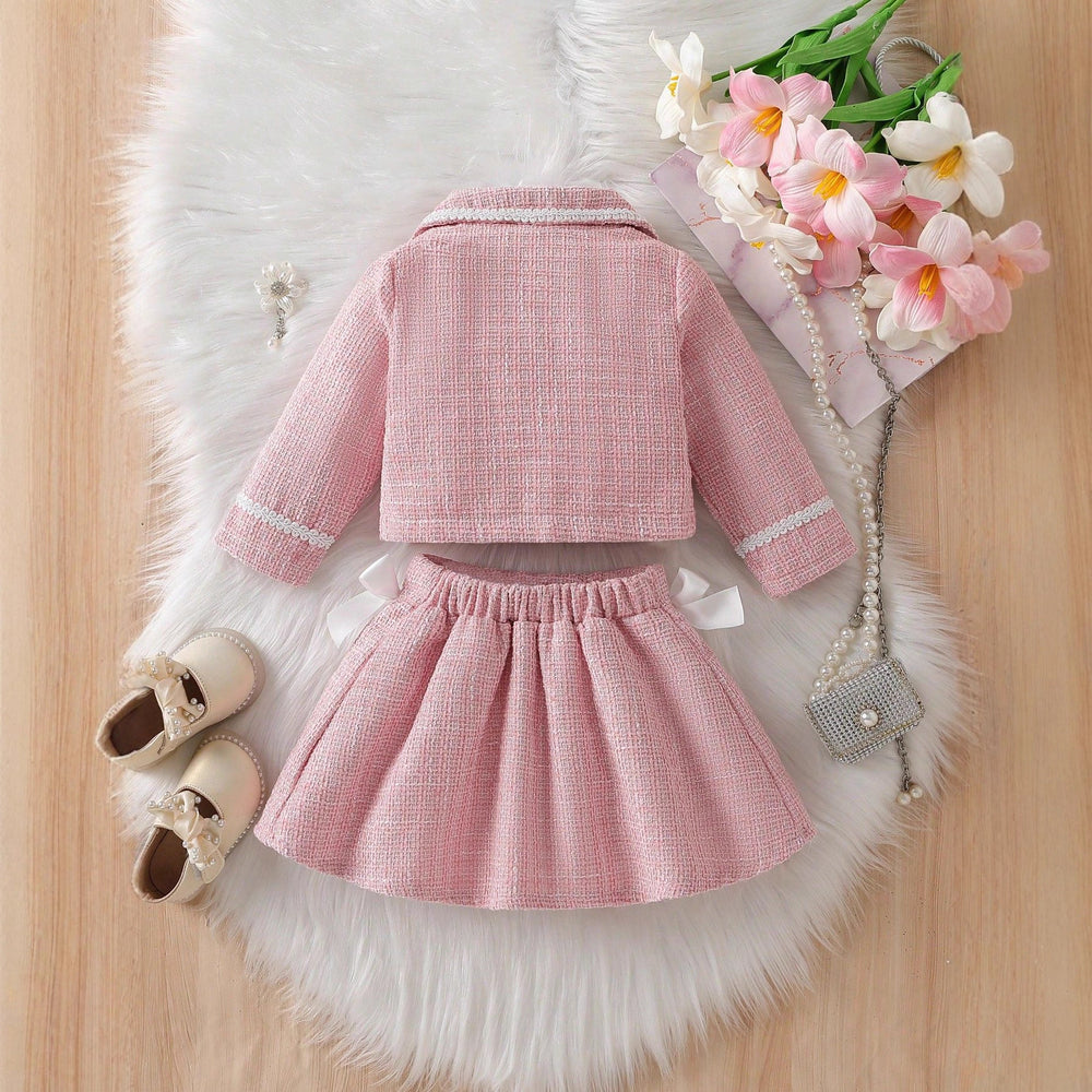 chic spring/autumn new korean style girls' tweed dress set - pink cute mini skirt two-piece outfit