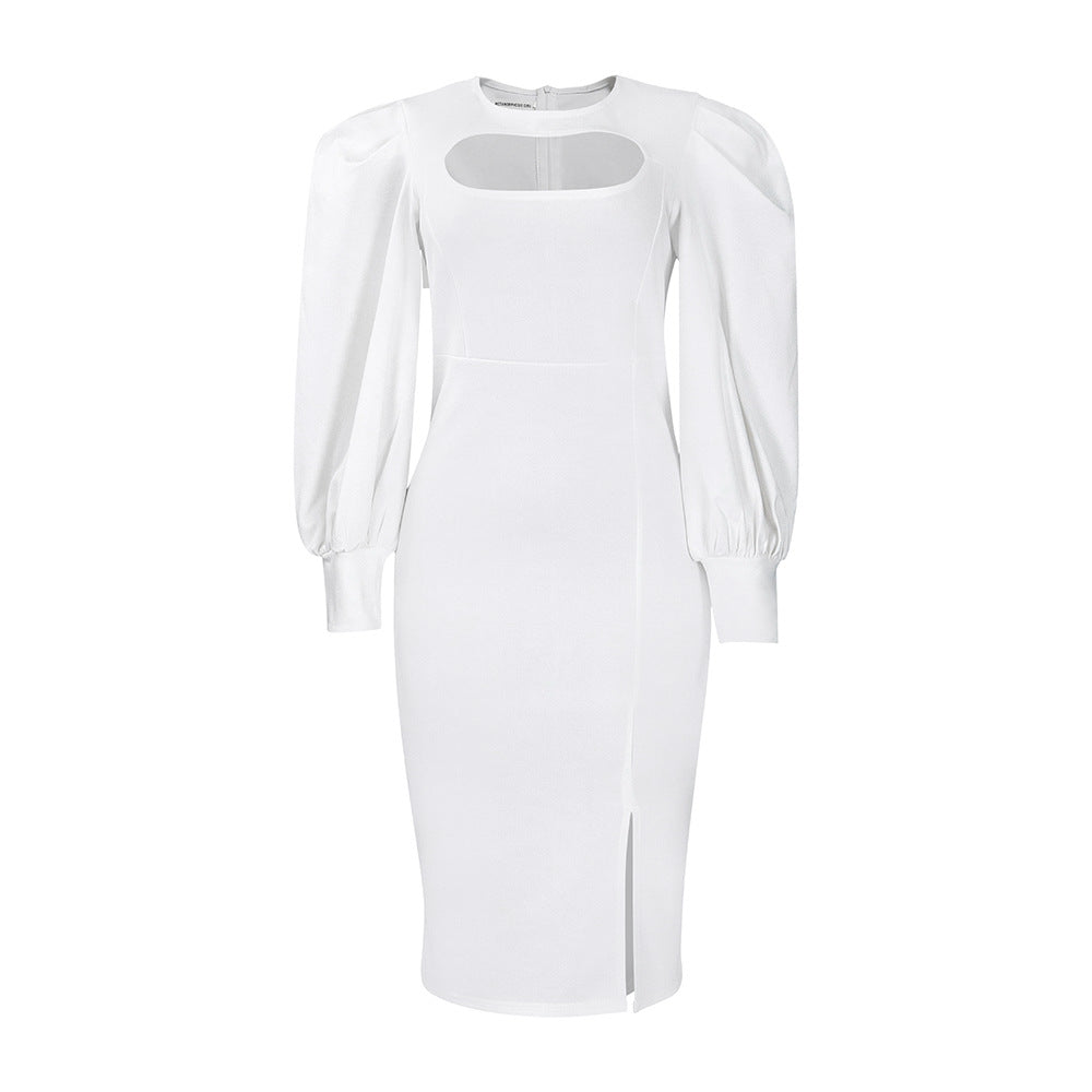 D402 european and american plus size women's clothing  autumn new fashion elegant hollow-out long sleeve slit solid color african dress