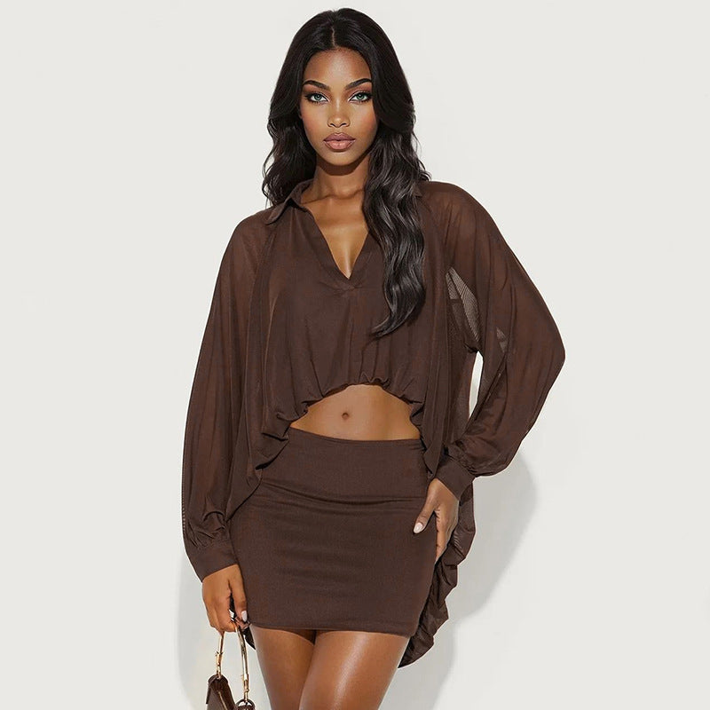 export european and american clothing fall and winternew arrivalpure colorfashionlong sleevestops mesh bubble hem shirt skirt suit