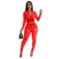 C6548 cross-border   fashion women's solid color mesh rhinestone long sleeve top and pants two-piece set