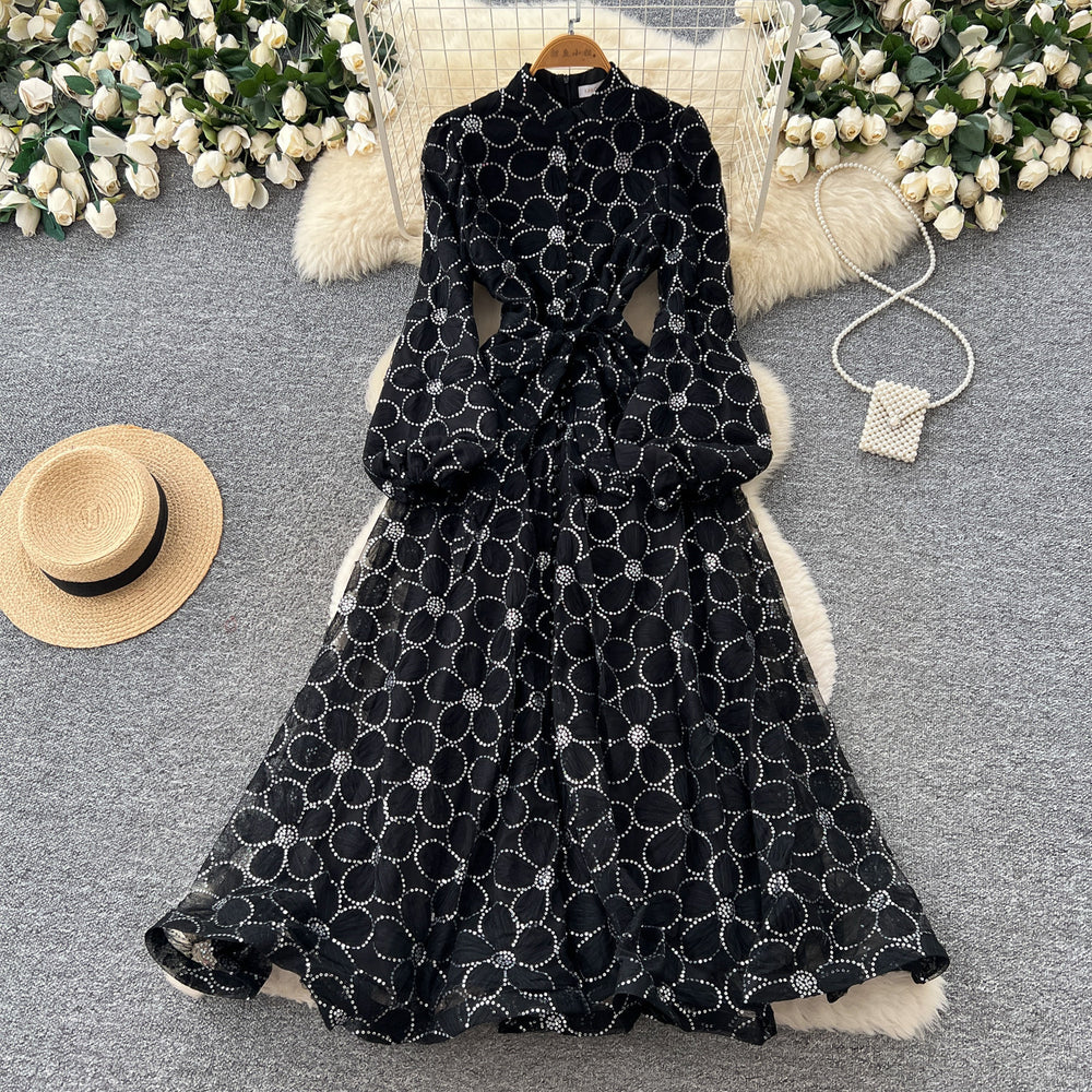 French romantic stand collar lantern sleeve lace dress - women's slimming a-line maxi dress with elegant mesh detail