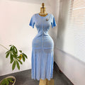 export french chic pearl embellished short-sleeve knitted dress - women's fitted waist pleated elegant maxi dress