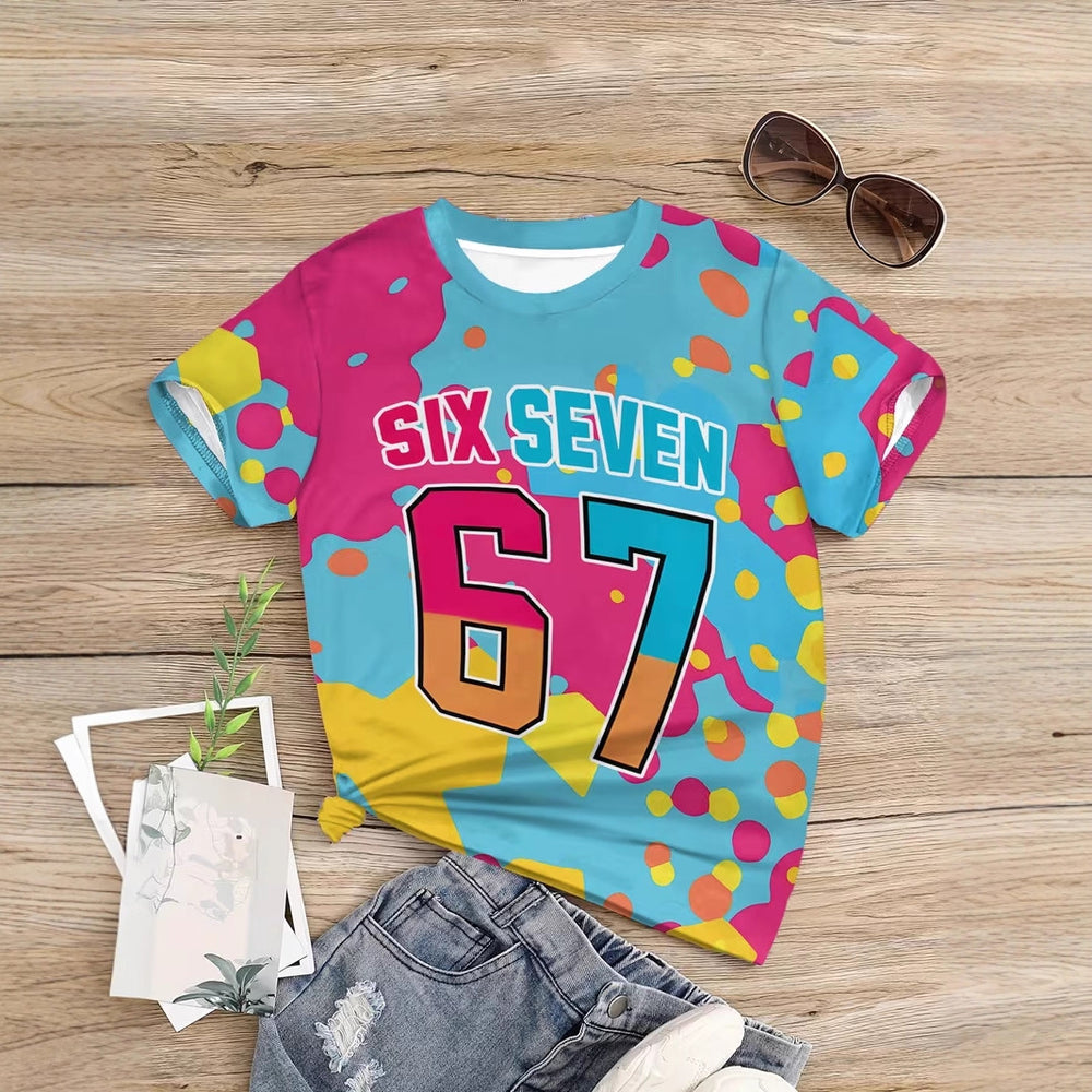 Kids' t-shirt, a cross-border bestseller featuring 67 elements, 3d digital print, summer casual fashion for girls, round neck, short sleeves