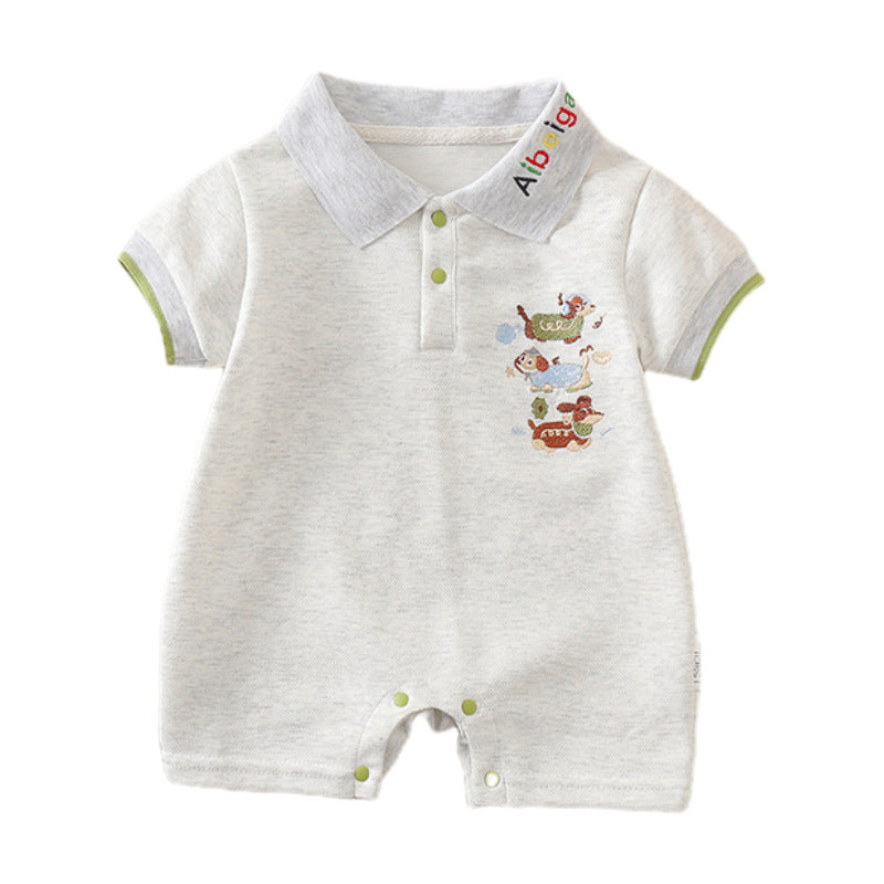 Baby clothes summer romper boy short sleeve crawling suit cartoon embroidery turn-down collar polo shirt outing wear thin style