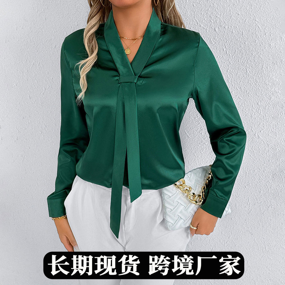 Real shot cross-border  women's summer satinshirtwhite women's export satin tops shirt wholesale