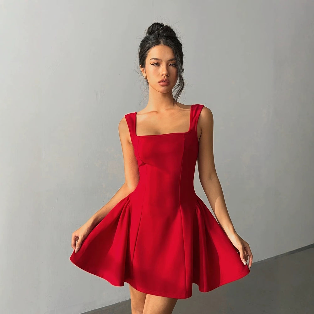 new  square neck sleeveless dress - women's slim fit red a-line mini dress for weddings