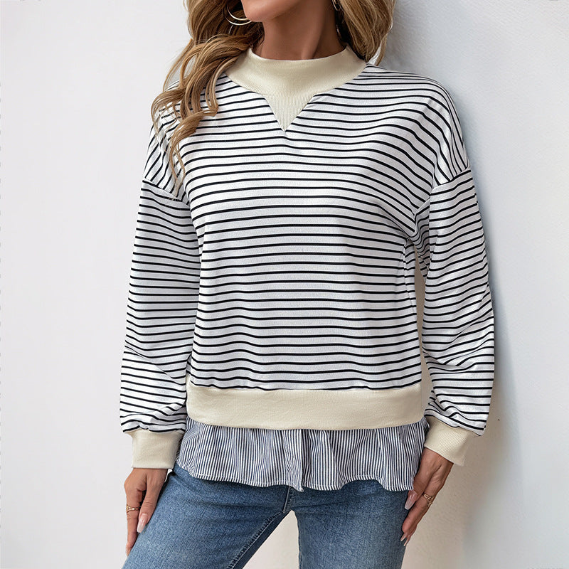 European and American  2025 new  versatile casual dating commuter semi-turtleneck loose striped fake two-piece sweater