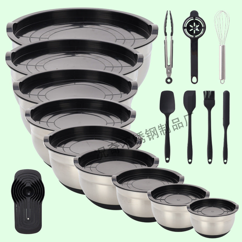 Stainless steel deep salad bowl with color-sprayed lid, round mixing bowl with non-slip silicone base for kitchen use