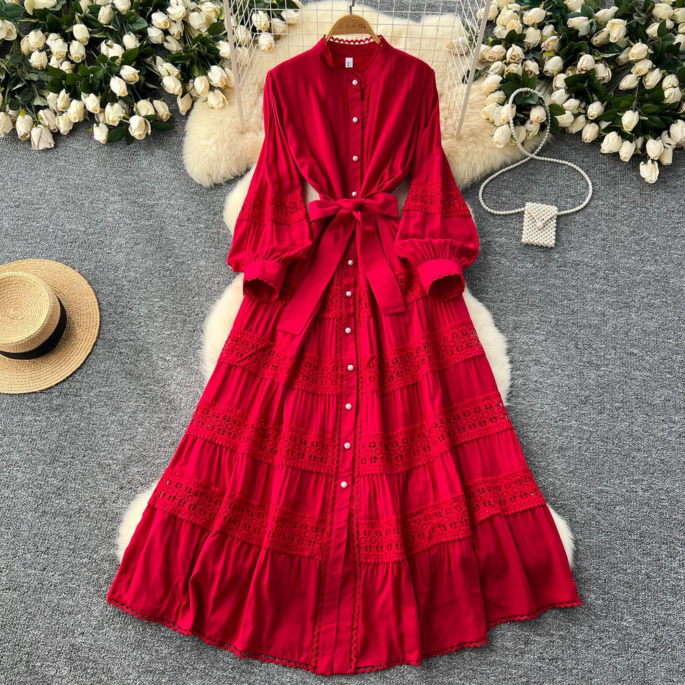 Frenchretrolacepatchwork lantern long sleevesdress women's tie back waist single breasted large swing palace style long skirt