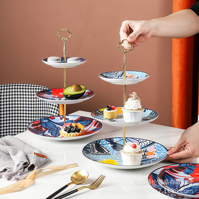 Nordic art ceramic dessert plate - three-tiered skewer plate for fruit and pastries - wholesale feature plates for hotels and restaurants