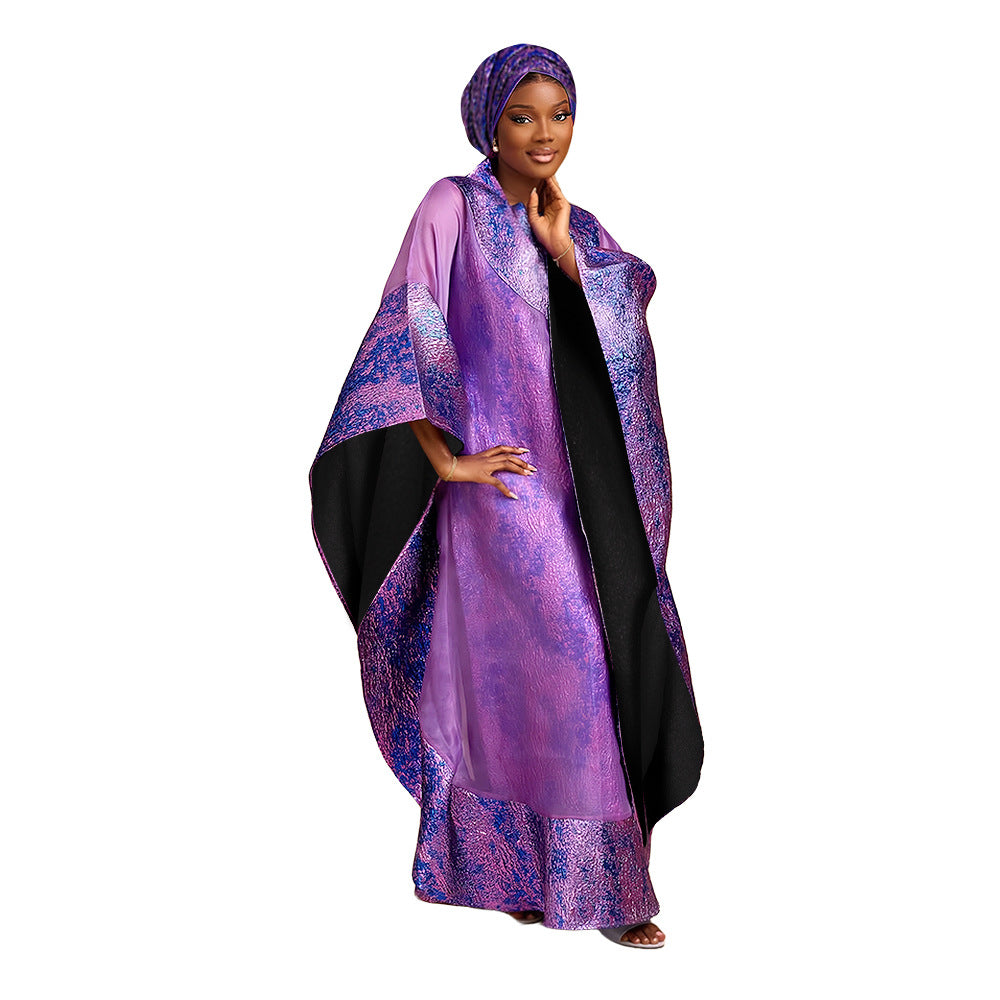 Aliexpress cross-border export african hot stamping plus size robe headscarf women's tassel dress + vest two-piece set