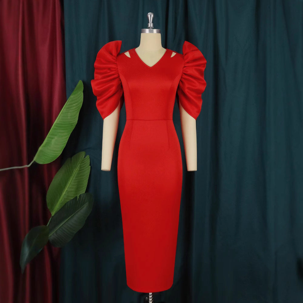 Summer plus size cutout pleated solid color high waist evening party dress women's party dress