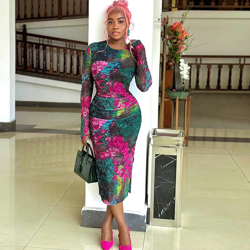 European and american style cross-border personalized fashion women's elegant printed bodycon mini dress with round neck and long sleeves