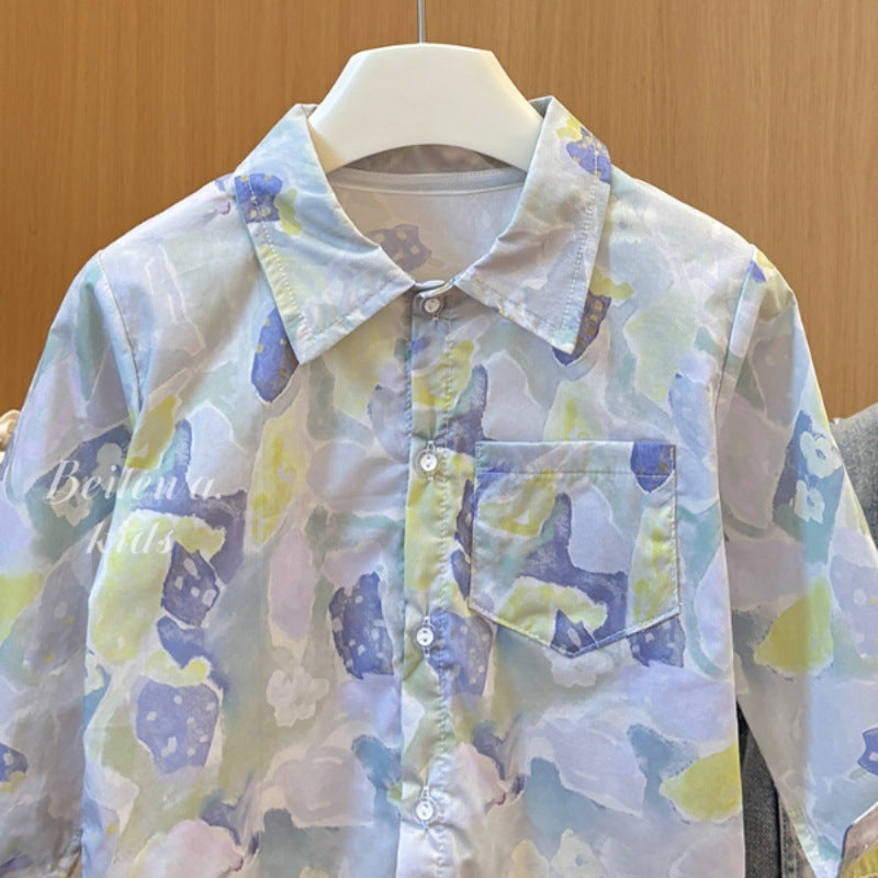Kids' spring/autumn casual long-sleeve top for boys - toddler & child cotton shirt with all-over cartoon print and turn-down collar