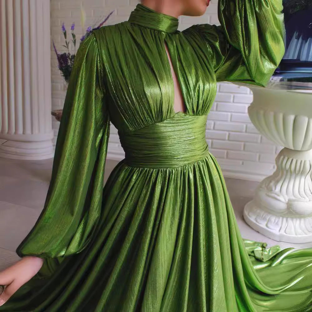 Amazon's new  spring summer popular color waist hanging neck large swing sexy avocado green dress long skirt