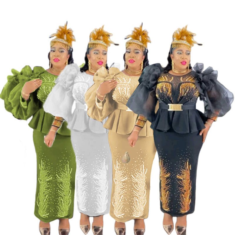 women's clothing african style gridsilm hot diamond puff sleeves long sleevesilmfake two-piecedress long skirt