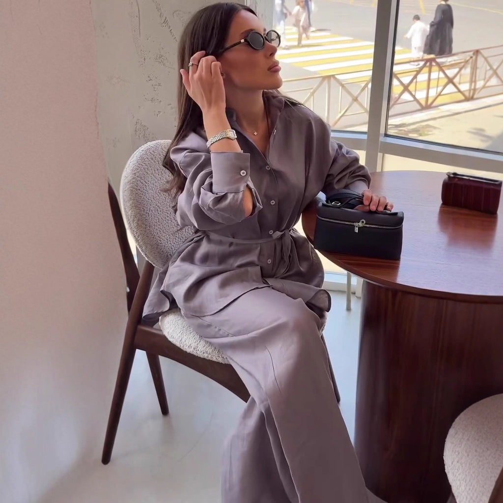 Cross-border European and American long-sleeved casual lapel cardigan slim-fitting shirt trousers women's  fashion new women's clothing two-piece set