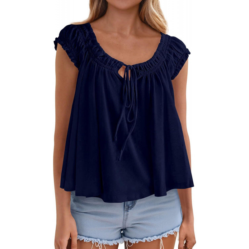 fashioneleganttie backrufflesshirt women's  summer new arrivalfashion pleated tops