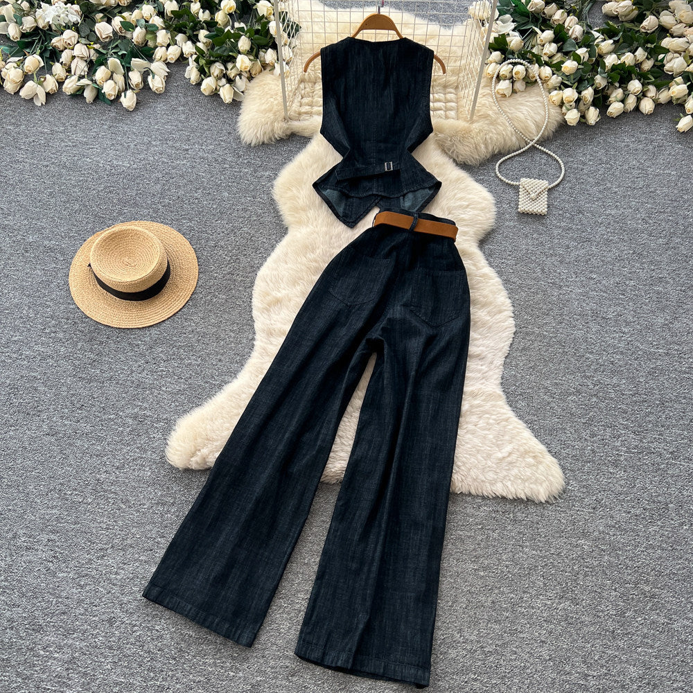 European and american retro denim chic two-piece set for women: sleeveless vest & high-waisted pants - slim fit, summer style