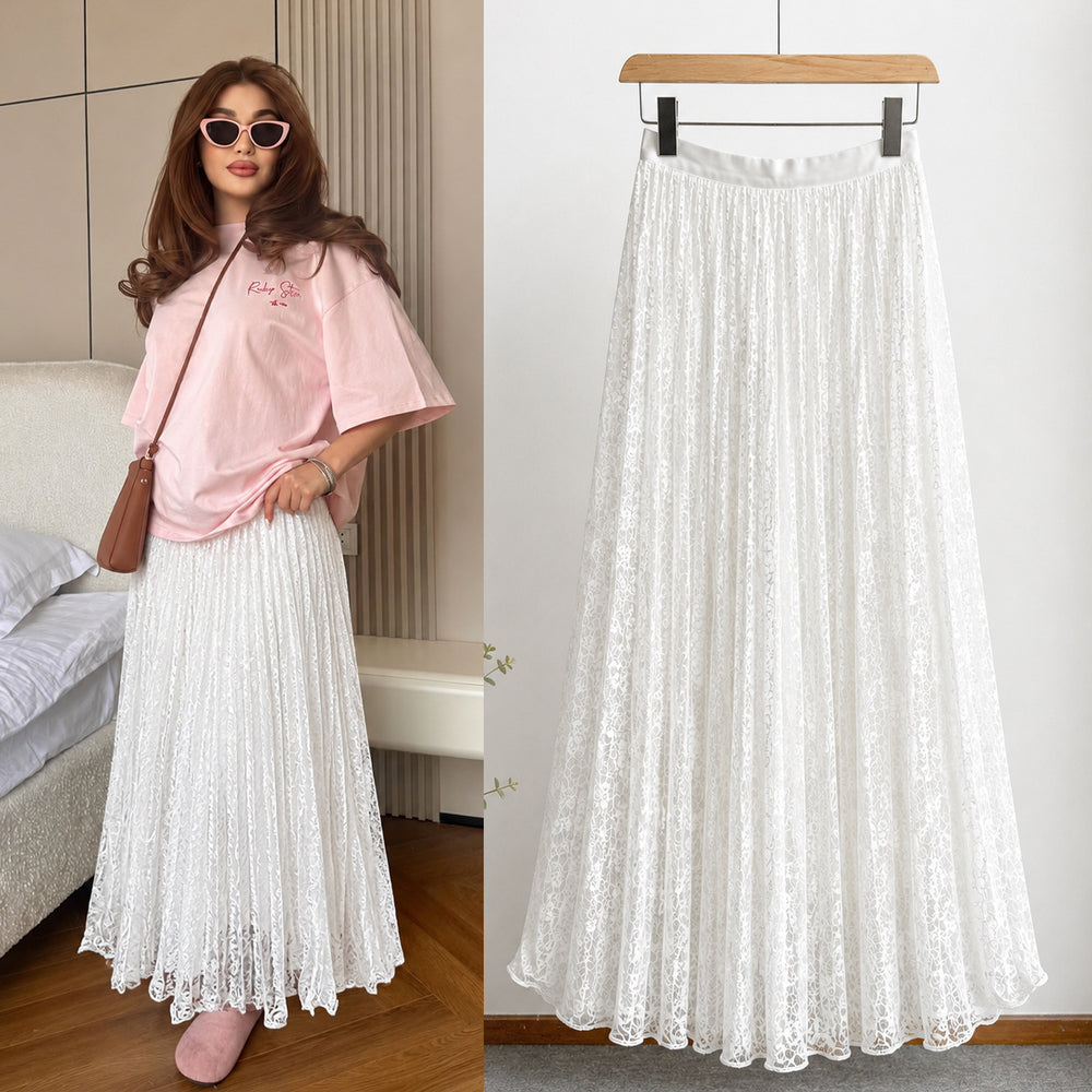 Fashionexport cross-border fashion high waistsweetlacepleated skirt long skirt a-line skirt slimming lookeasiest for matchwork clothing