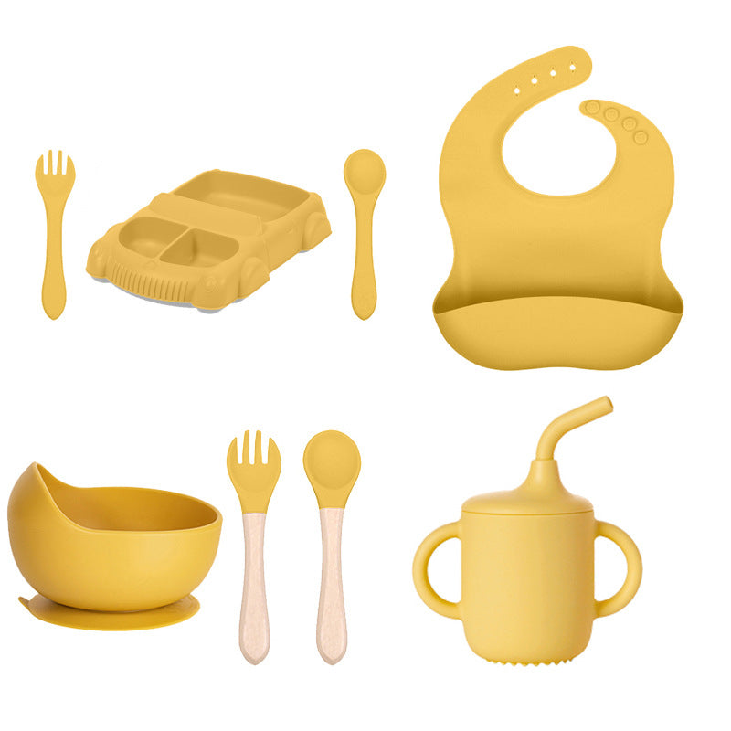 Factory new product baby silicone dinner plate large suction cup tableware set 8-piece set cartoon children's car silicone dinner plate