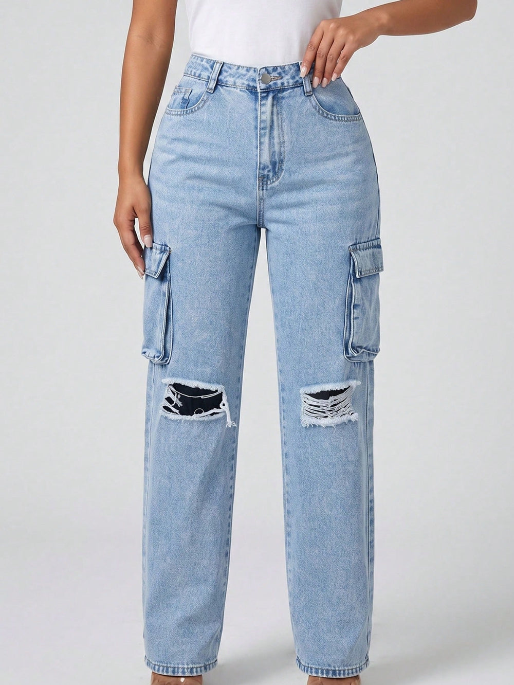 European and american style women's high-waisted distressed denim cargo pants - vintage washed straight leg jeans, american trendy women's denim trousers