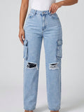 European and american style women's high-waisted distressed denim cargo pants - vintage washed straight leg jeans, american trendy women's denim trousers