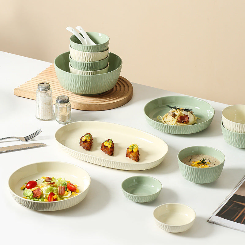 Minimalist nordic solid color fufu ceramic bowl, plate, and dish set - household rice bowl, fish plate, soup plate, and striped plate