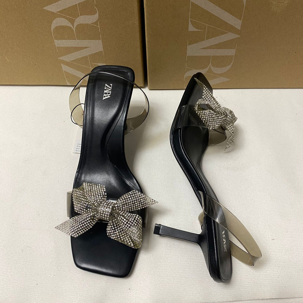 Za new 2024 french square toe stiletto heel pvc patchwork thong sandals with rhinestone butterfly bow and open toe detail for women