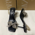 Za new 2024 french square toe stiletto heel pvc patchwork thong sandals with rhinestone butterfly bow and open toe detail for women