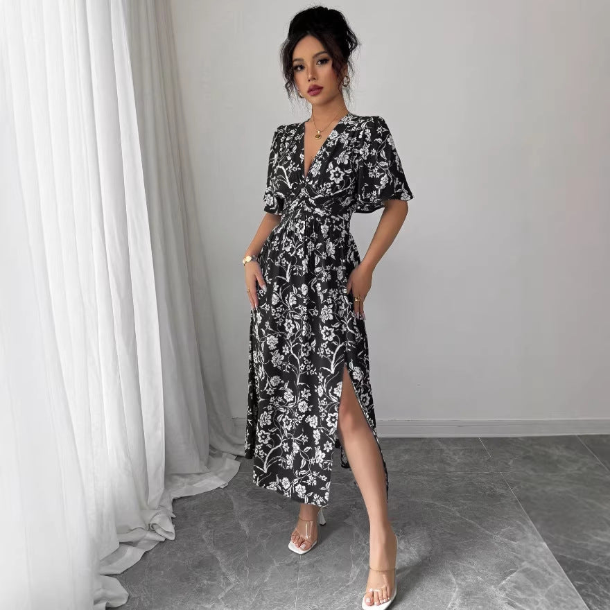 French v neck black floral dress  summer new arrivalretro silm slimming look gentle british style midi skirt