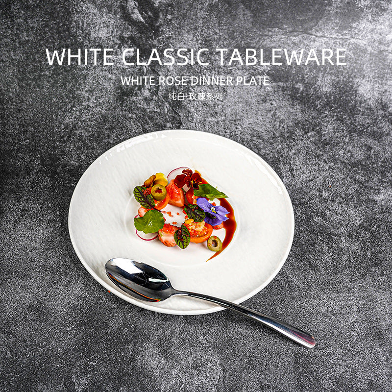 European-style creative art embossed display plate, steak plate, vintage-style pure white ceramic western dinner plate, dessert presentation plate