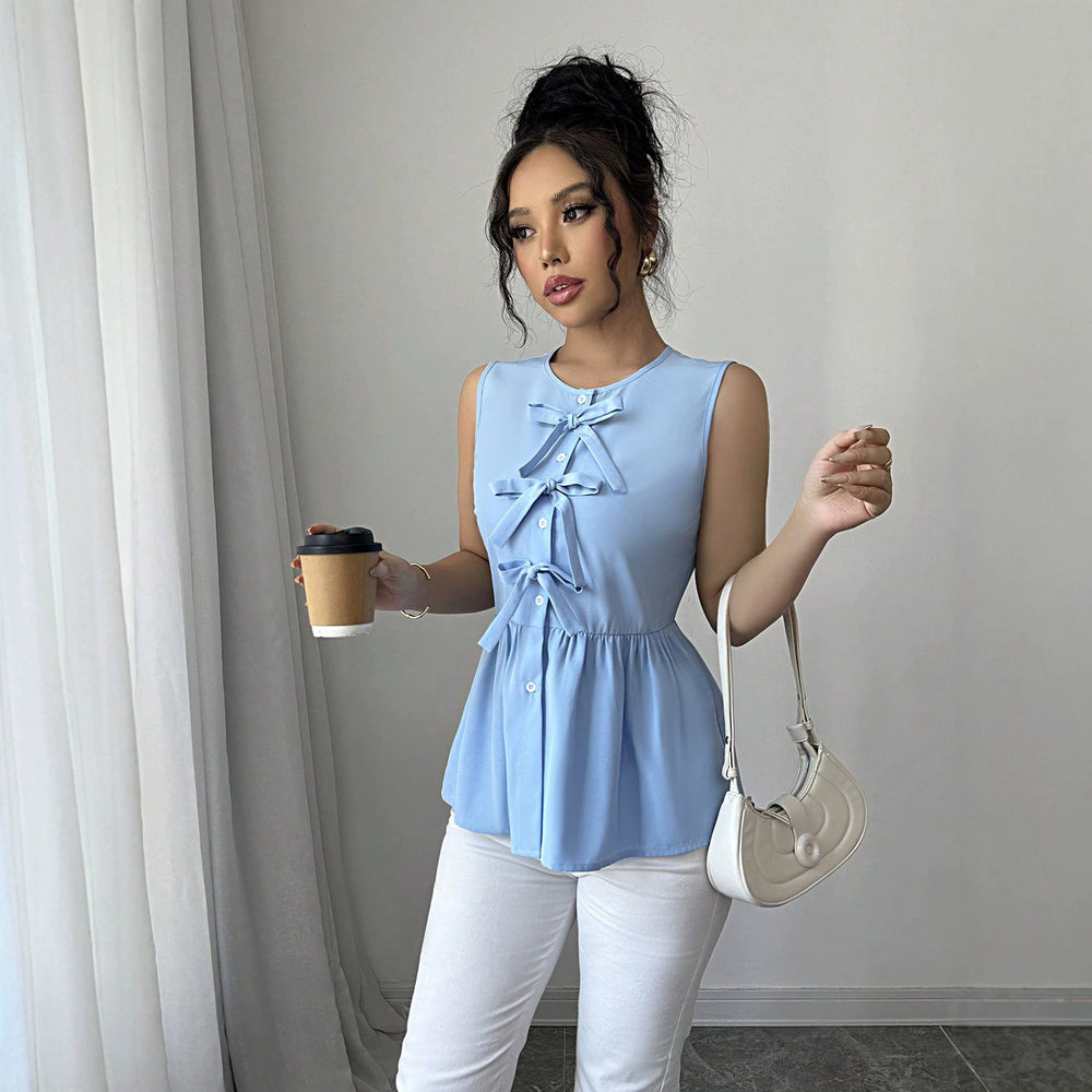 fashion  summer new arrival light blue bows sleeveless tops waist rufflesslimming look vest