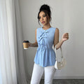 fashion  summer new arrival light blue bows sleeveless tops waist rufflesslimming look vest