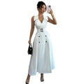 double-breasted elegant polo collar sleeveless dress - slim fit, figure-flattering a-line dress