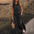summer new arrivals: cross-border  fashion - european & american style women's sleeveless crew neck dress with slit, available in multiple solid colors