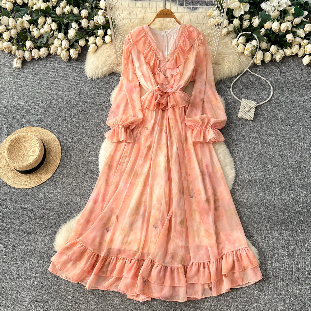 Romantic v-neck lantern sleeve printed dress - women's summer slimming mesh ruffle maxi dress