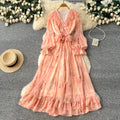 Romantic v-neck lantern sleeve printed dress - women's summer slimming mesh ruffle maxi dress